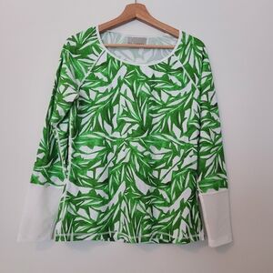 Athleta Rash Guard Long Sleeve Top Size Large  Green White Leaf Pattern Mesh